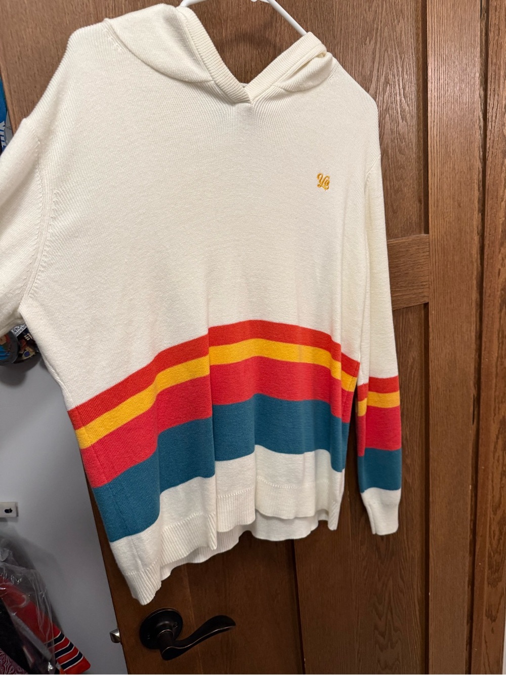 Cream Hooded Sweater with Multicolor Stripes